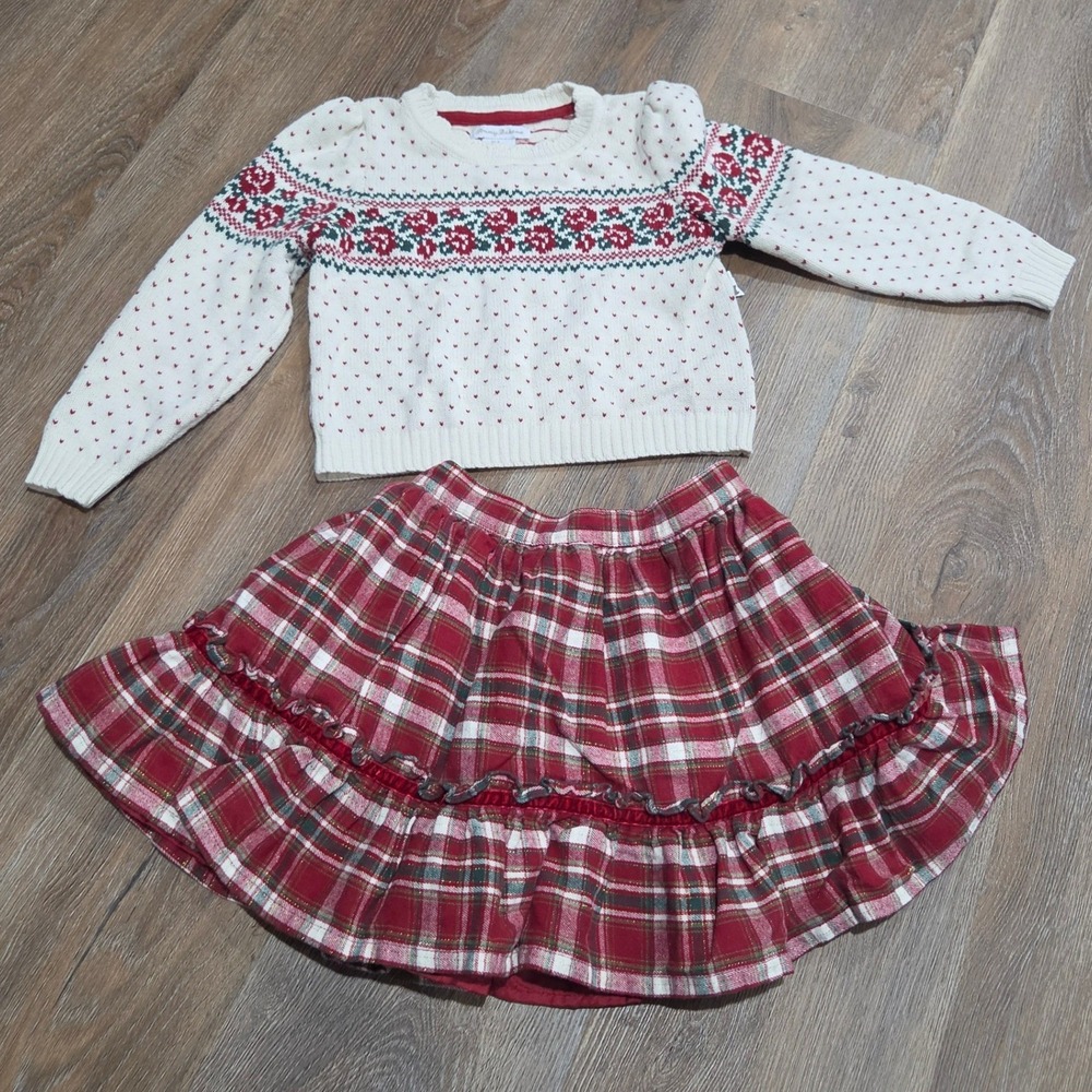 Tommy Bahama Kids Girls Red Plaid Skirt and Fair Isle Floral Sweater Set Size 6